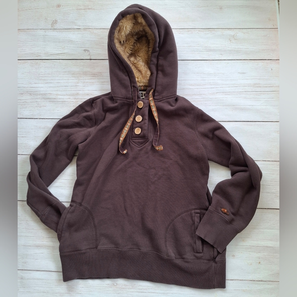 Roots Brown Kids XL Hoodie Sweatshirt With Pockets Faux Fur Lined Hood